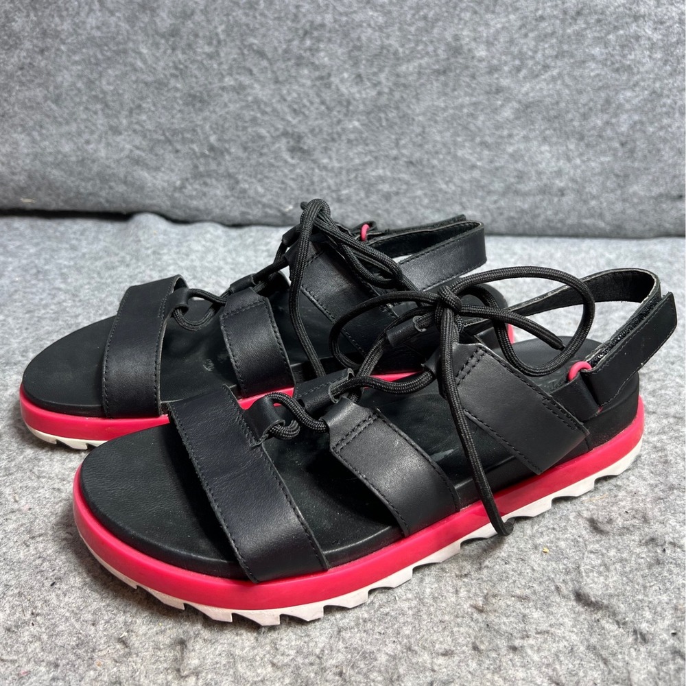 Sorel Roaming Lace Up Black Red Leather Sporty Sandals Women Size 8
